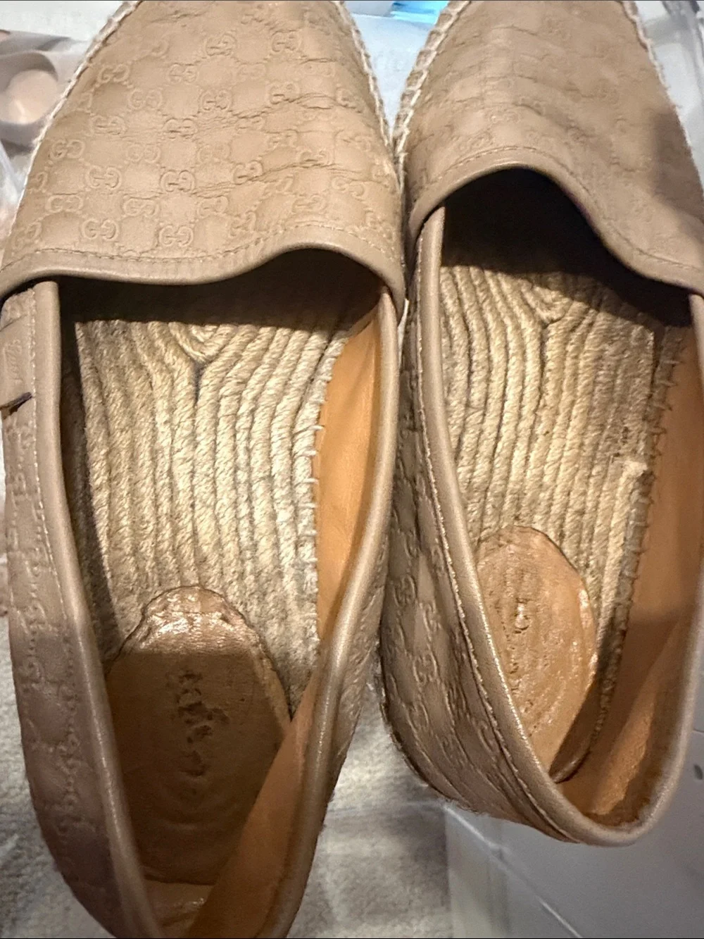 Gucci Tan Monogram Espadrille Slip-Ons